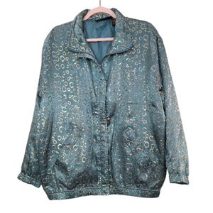 Mureli 1980s Vintage Windbreaker Teal Gold Silk Jacket Large Slouchy Retro